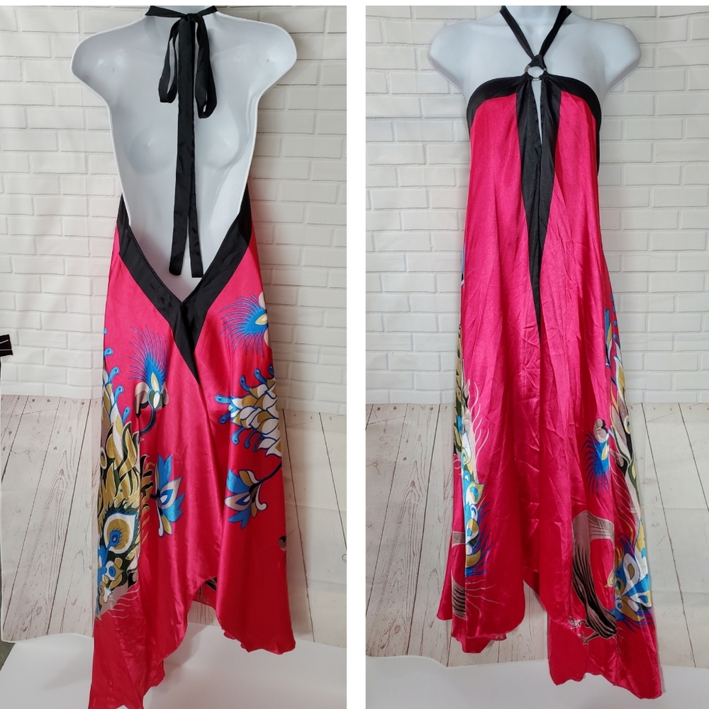 My Choice Peacock Magenta Pink Floral Asian Style Maxi Dress